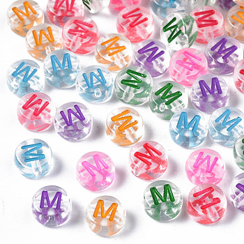 Transparent Clear Acrylic Beads, Horizontal Hole, Flat Round with Mixed Color Letter, Letter.M, 7x3.5mm, Hole: 1.2mm, about 3700pcs/500g