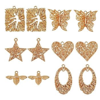 12Pcs 6 Style Brass Pendants, Bees & Butterfly & Star & Oval & Heart & Rectangle, Real 18K Gold Plated, 2pcs/style