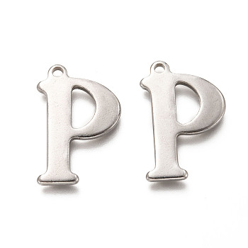 201 Stainless Steel Pendants, Letter P, Stainless Steel Color, 28.5x19x2mm, Hole: 2mm