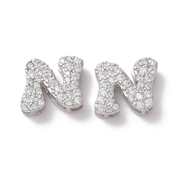 925 Sterling Silver Micro Pave Cubic Zirconia Beads, Real Platinum Plated, Letter N, 9x10x3.5mm, Hole: 2.5x1.5mm