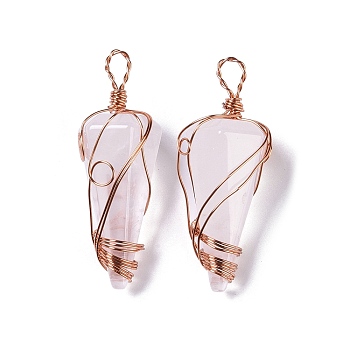 Natural Quartz Crystal Copper Wire Wrapped Big Pendants, Rock Crystal Faceted Cone Charms, Rose Gold, 50~50.5x16.5x18~19mm, Hole: 8x3.5~4mm
