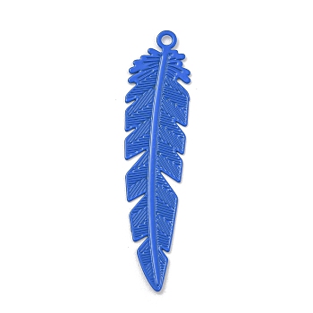 Spray Painted Brass Pendants,  Long-Lasting Plated, Feather, Blue, 34.5x8x0.2mm, Hole: 1.3mm