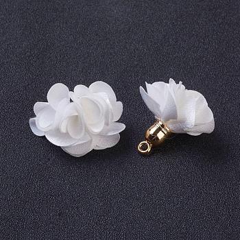 Cloth Pendant Decorations, with Acrylic Findings, Flower, White, 25~30x28~35mm, Hole: 2mm
