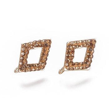Polymer Clay Rhinestone Stud Earring Components, with Golden Tone Brass Findings, with Loop, Rhombus, Lt.Col.Topaz, 17~17.5x13~13.5mm, Hole: 2.5mm, Pin: 0.7mm