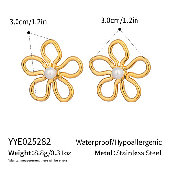 European Style 304 Stainless Steel Hollow Flower Stud Earrings for Women, with Round Imitation Pearl, Real 18K Gold Plated, 30x30mm