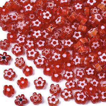 Glass Beads, Flower, Red, 4~6x4~6x2~3mm, Hole: 1mm