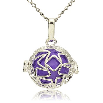 Silver Color Plated Brass Hollow Round Cage Pendants, with No Hole Spray Painted Brass Ball Beads, Blue Violet, 23x24x18mm, Hole: 3x8mm