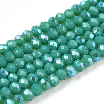 Electroplate Opaque Solid Color Glass Beads Strands, Half Rainbow Plated, Faceted, Rondelle, Light Sea Green, 2.3~2.7x1.5mm, Hole: 0.4mm, about 150~155pcs/strand, 32~33cm