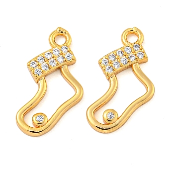 Christmas Theme Brass Clear Cubic Zirconia Pendants, Socks, Real 18K Gold Plated, 15x8x2mm, Hole: 1.2mm