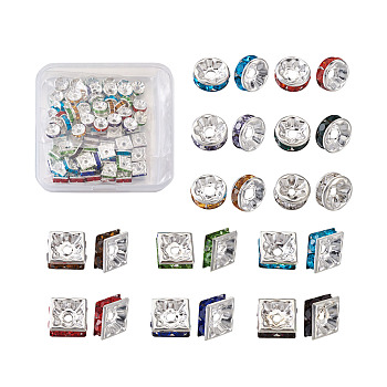 Brass Rhinestone Spacer Beads, Silver Color Plated, Square & Rondelle, Mixed Color, 100pcs/box