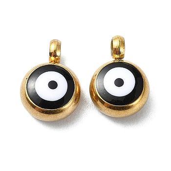 Ion Plating(IP) Real 18K Gold Plated 201 Stainless Steel Charms, with Enamel, Evil Eye Charms, Black, 8x5.5x4mm, Hole: 1.6mm