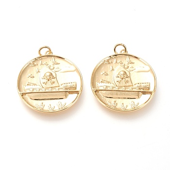 Brass Pendants, with Jump Rings, Long-Lasting Plated, Flat Round with Pirate Ship, Real 18K Gold Plated, 27.3x25.2x2.6mm, Jump Ring: 5x0.8mm, Inner Diameter: 3.4mm