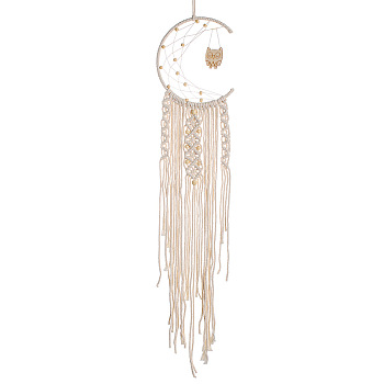Moon and Owl Woven Net/Web with Macrame Cotton Wall Hanging Decorations, with Wood Pendant, for Garden, Wedding, Lighting Ornament, Owl Pattern, 850mm