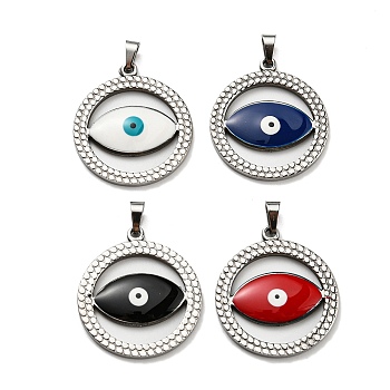 304 Stainless Steel Pendants, with Enamel, Flat Round with Evil Eye Charm, Stainless Steel Color, Mixed Color, 28.5x25.5x3mm, Hole: 5x3.5mm