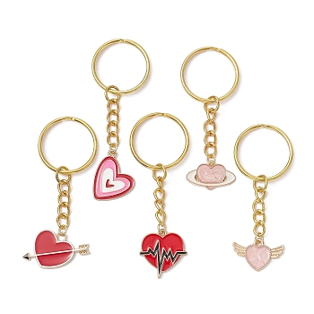 Valentine's Day Heart Alloy Enamel Pendant Keychain, with Iron Split Key Rings, Golden, 6.4~7.1cm