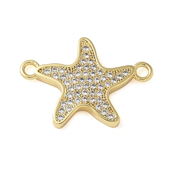 Brass Micro Pave Clear Cubic Zirconia Connector Charms, Starfish, Cadmium Free & Lead Free, Long-Lasting Plated, Rack Plating, Real 18K Gold Plated, 16x23x2.5mm, Hole: 1.8mm