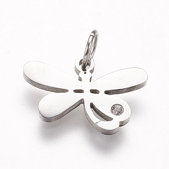 316 Surgical Stainless Steel Pendants, with Rhinestone, Dragonfly Charms, Stainless Steel Color, 10x15x1.5mm, Hole: 3.5mm