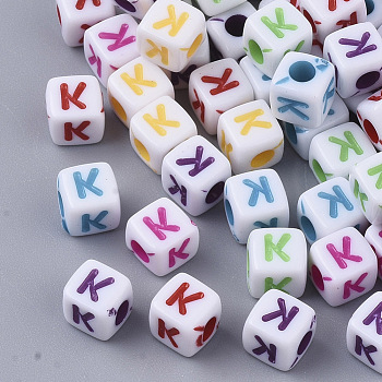 White Opaque Acrylic Beads, Horizontal Hole, Cube with Mixed Color Letter, Letter.K, 5x5x5mm, Hole: 2mm, about 5000pcs/500g