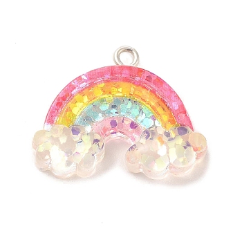 Transparent Resin Pendants, Glitter Rainbow Charms, with Platinum Tone Iron Loops, Colorful, 21x26x6mm, Hole: 2mm