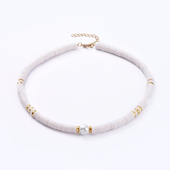 Beaded Necklaces, with Polymer Clay Heishi Beads, Glass Pearl Beads, Brass Crimp Beads and Zinc Alloy Lobster Claw Clasps, White, 15.66 inch(39.8cm)