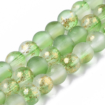 Frosted Spray Painted Glass Beads Strands, with Golden Foil, Round, Lime Green, 4~5mm, Hole: 0.9~1.2mm, about 95~103pcs/Strand, 13.78 inch~14.88 inch(35~37.8cm)