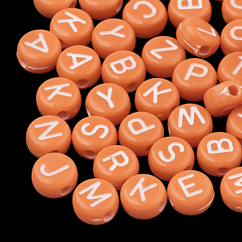Opaque Acrylic Beads, Horizontal Hole, Mixed Letters, Flat Round with Letter, Random Letters, Dark Orange, 7x4mm, Hole: 1.5mm, about 3700pcs/500g