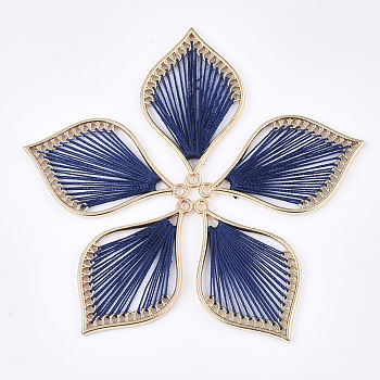 Cotton Thread Woven Pendants, with Alloy Findings, Leaf, Golden, Marine Blue, 43x26.5x2mm, Hole: 1.8mm