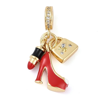 Rack Plating Brass Clear Cubic Zirconia Makeup European Dangle Charms, Enamel High-heeled Shoes & Bag & Lipstick Large Hole Pendants, Real 18K Gold Plated, Long-Lasting Plated, Cadmium Free & Lead Free, Red, 30mm, Hole: 4.5mm, Pendant: 12.5~18.5x4~11.5x2.5~5mm