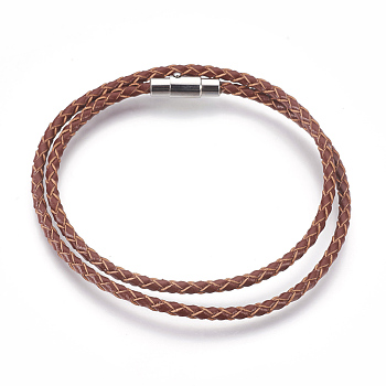Leather Braided Cord Wrap Bracelets/Necklaces, Two Loops, with 304 Stainless Steel Magnetic Screw Clasps, Column, Coconut Brown, 16.5 inch~16.9 inch(42~43cm), 3mm