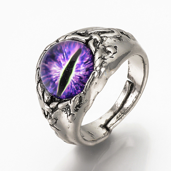 Adjustable Alloy Finger Rings, with Glass, Wide Band Rings, Chunky Rings, Dragon Eye, Blue Violet, Size 10, 19.5mm
