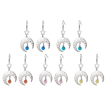 Antique Silver Alloy Star & Moon Dangle Earrings, with Glass Beads, Mixed Color, 70.5x32.5mm