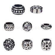 Unicraftale 8Pcs 8 Style 316 Surgical Stainless Steel Beads, Rondelle & Flower & Donut & Column with Flower, Antique Silver, 6.5~12.5x3.5~9mm, Hole: 1.5~7.5mm, 1pc/style(STAS-UN0046-61)