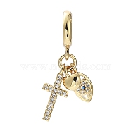Rack Plating Eco-Friendly Brass Pave Clear Cubic Zirconia European Dangle Charms, Cross Heart Evil Eye Large Hole Pendants, Cadmium Free & Lead Free, Long-Lasting Plated, Real 18K Gold Plated, 29.5mm, Cross: 17x7x2mm, Eye: 12x5x2.5mm, Heart: 7x5.5x2mm(KK-M256-03G)