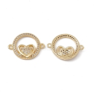 Brass Micro Pave Clear Cubic Zirconia Connector Charms, Ring with Heart Links, Real 18K Gold Plated, 16x21.5x3mm, Hole: 1.4mm(KK-E068-VC081)