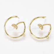 Brass Cubic Zirconia Stud Earring Findings, Half Hoop Earrings, with Loop, For Half Drilled Beads, Flower, Clear, Nickel Free, Real 18K Gold Plated, 21.5x19mm, Hole: 1mm, Pin: 0.8mm(KK-S350-422G)
