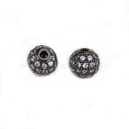 Round Brass Micro Pave Cubic Zirconia Beads, Clear, Gunmetal, 6mm, Hole: 1.8mm(ZIRC-N016-01B-6MM)