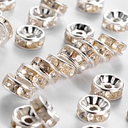 Iron Rhinestone Spacer Beads, for Jewelry Craft Making Findings, Grade B, Rondelle, Straight Edge, Clear, Silver Color Plated, 7~8x3.5mm, Hole: 2mm(RB-A009-8MM-S)