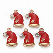 Rack Plating Alloy Enamel Pendants, with Crystal Rhinestone, Cadmium Free & Nickel Free & Lead Free, Christmas Hat, Light Gold, Red, 22.5x16x4mm, Hole: 2mm(ENAM-S126-046-NR)