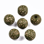 Painted Natural Wood Beads, Macrame Beads Large Hole, Laser Engraved Pattern, Round with Leopard Print, Dark Olive Green, 15~16x15mm, Hole: 4mm(WOOD-T021-53B-04)