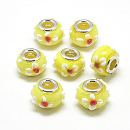 Handmade Lampwork European Beads, Bumpy Lampwork, with Platinum Brass Double Cores, Large Hole Beads, Rondelle with Flower, Yellow, 16x14x10.5mm, Hole: 5mm(LAMP-Q029-03B)