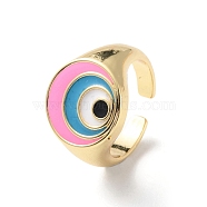 Evil Eye Rack Plating Brass Enamel Cuff Ring for Women, Wide Band Open Finger Ring, Lead Free & Cadmium Free, Real 18K Gold Plated, Pearl Pink, Inner Diameter: US Size 7(17.3mm)(RJEW-F143-05G-02)