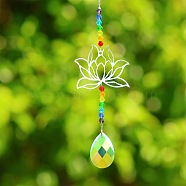 Alloy Lotus Hanging Ornaments, Glass Teardrop Tassel Suncatchers for Garden Outdoor Hanging Decorations, Platinum, 400x63mm(PW-WG6C8DB-01)