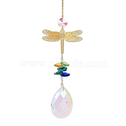 Hollow Alloy Hanging Ornaments, Colorful Glass Octagon Beads & Teardrop Tassel for Home Garden Decorations, Dragonfly, 330mm, pendant: 160x60mm(HJEW-Q012-07B)