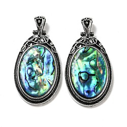 Natural Paua Shell Big Pendants, Antique Silver Plated Alloy Oval Charms, Colorful, 54x27.5x6~7mm, Hole: 7.5X5.5mm(FIND-Z032-08A)