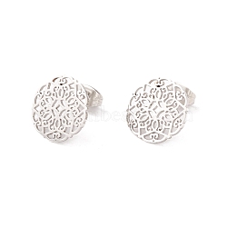 304 Stainless Steel Studs Earrings, Round with Floral Pattern, for Women, Platinum, 13.5mm, Pin: 0.8mm(EJEW-M208-09P)
