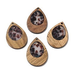 Wood & Resin Pendant, Teardrop Charms, Dark Gray, 38x25.5x3mm, Hole: 2mm(WOOD-H104-23-08)