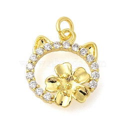 Rack Plating Brass Micro Pave Cubic Zirconia Charms, Long-Lasting Plated, Lead Free & Cadmium Free, Cat Shape with Flower, Real 18K Gold Plated, 14.5x13x2mm, Hole: 3mm(KK-S396-70G)