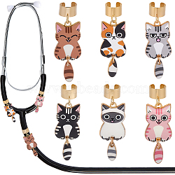 6Pcs 6 Colors Alloy Enamel Stethoscope Pendant Decorations, Cat Shape, with 304 Stainless Steel Findings, Mixed Color, 47mm, 1pc/color(HJEW-SP0001-38)