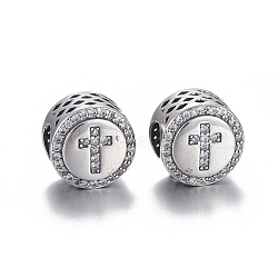 Hollow 925 Sterling Silver European Beads, Large Hole Beads, with Cubic Zirconia, Carved with 925, Flat Round with Cross, Thai Sterling Silver Plated, 11.5x8mm, Hole: 4.5mm(OPDL-L017-028TAS)