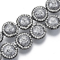 Synthetic Lava Rock Beads, with Polymer Clay Rhinestone, Dyed,  Flat Round, Silver, PP11(1.7~1.8mm), 14~16x11mm, Hole: 0.6mm(G-N329-001A)
